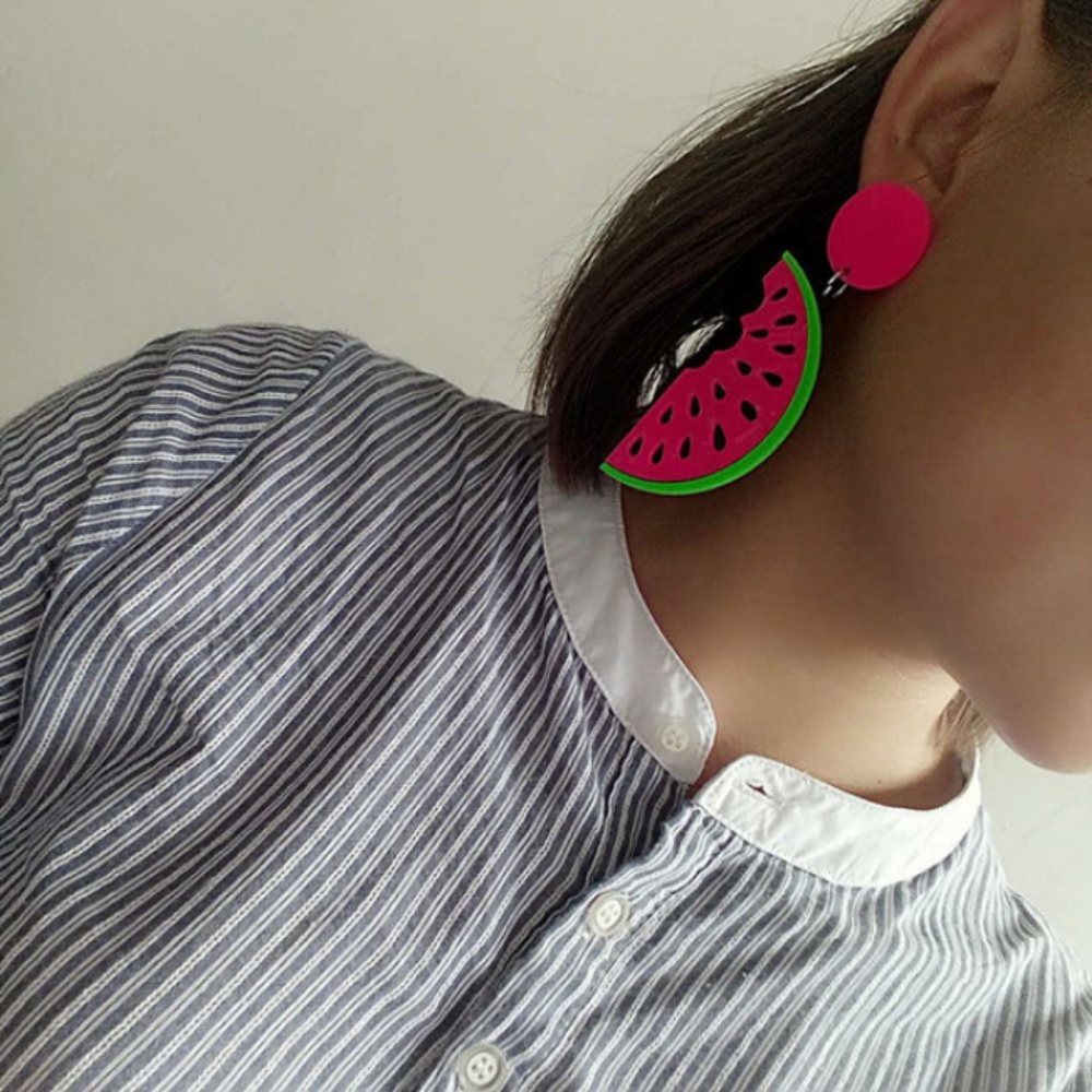 Watermelon Slice Acrylic Fruit Drop Post Earrings - Picture 2 of 7